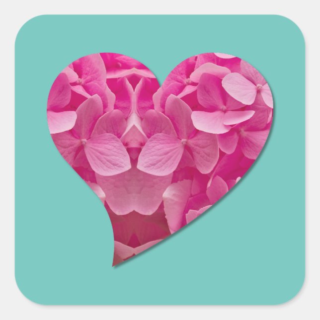 Dancing Heart Pink Hydrangea Flower on Teal Blue Square Sticker (Front)
