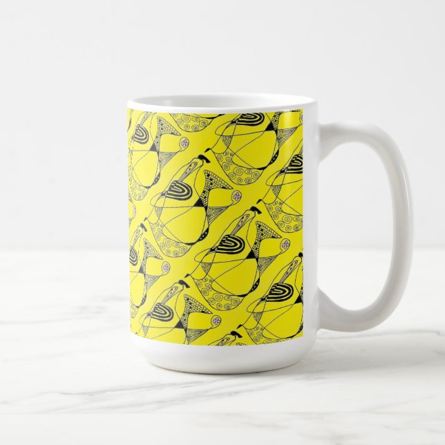 "Dancing Hen on Yellow Tiled" Abstract Design Mug (Right)