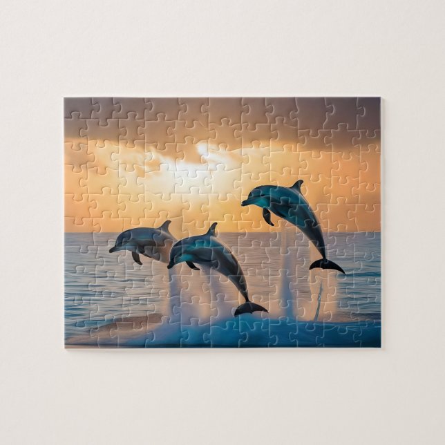 Dancing in the Dusk: Three Dolphins Leaping  Jigsaw Puzzle (Horizontal)