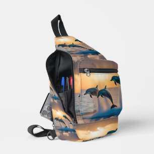 Dancing in the Dusk: Three Dolphins Leaping Sling Bag