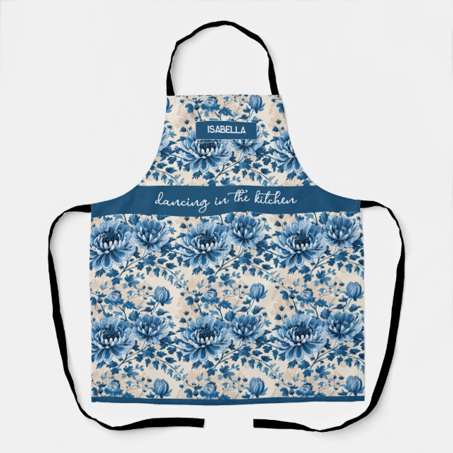 "Dancing in the Kitchen" – Blue Floral Custom Name Apron (Front)