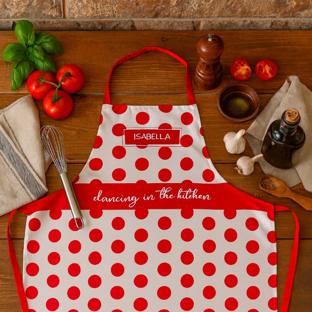 "Dancing in the Kitchen" – White & Red Polka Dots Apron (Creator Uploaded)