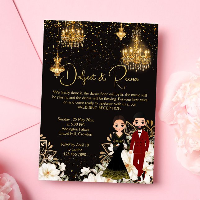 Dancing Indian couple chic reception template (Dancing Indian couple caricature chic reception invitation editable template digital download)