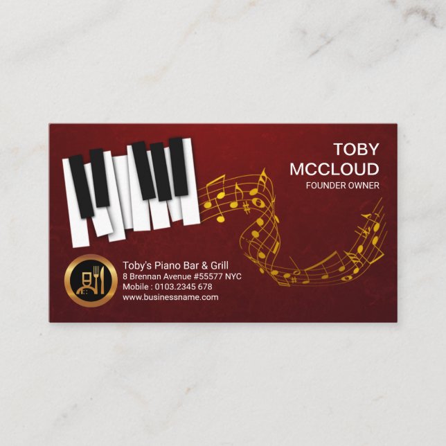 Dancing Ivory Piano Keys Gold Music Notes Business Card (Front)