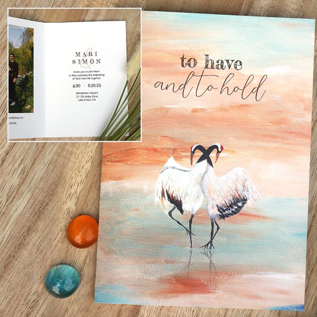 Dancing Japanese Tancho Cranes Beige Blue Wedding Invitation (asian origami cranes natural beige terracotta copper rust turquoise wedding invitation)