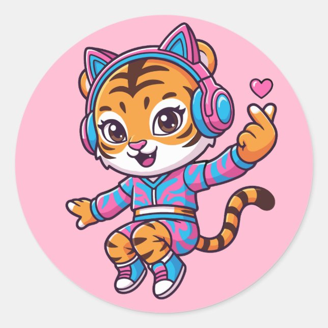 Dancing K-pop Tiger Classic Round Sticker (Front)