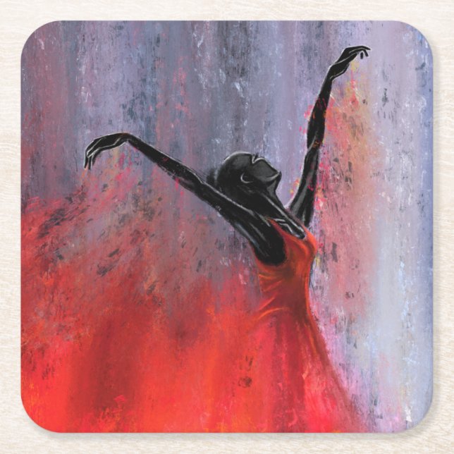 Dancing Lady in Red - Abstract Original Painting  Square Paper Coaster (Front)