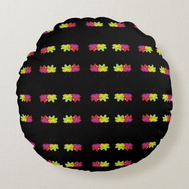 DANCING LEAF DESIGN ON BLACK    ROUND CUSHION (Front)