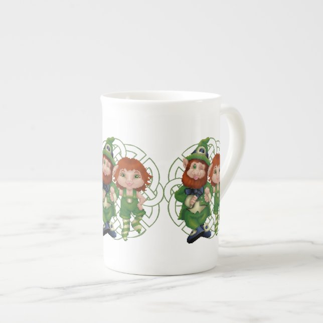 Dancing Leprecauns Pixel Art St. Patrick's Day Bone China Mug (Front Right)