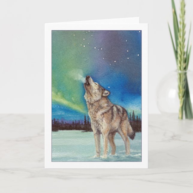 Dancing Lights howling wolf greeting card (Front)