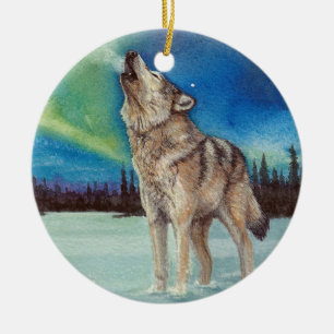 Dancing Lights howling wolf round ornament