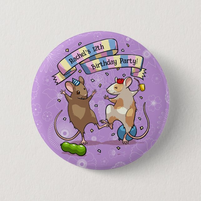 Dancing Mice Name & Age Happy Birthday Party 6 Cm Round Badge (Front)