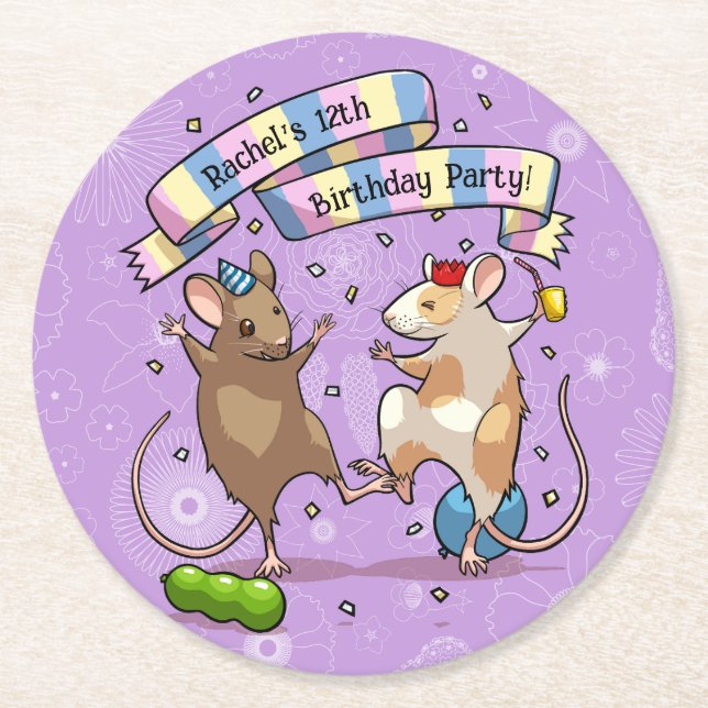 Dancing Mice Name & Age Happy Birthday Party Round Paper Coaster (Front)