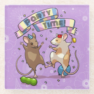 Dancing Mice Party Time Banner Confetti & Balloons Glass Coaster