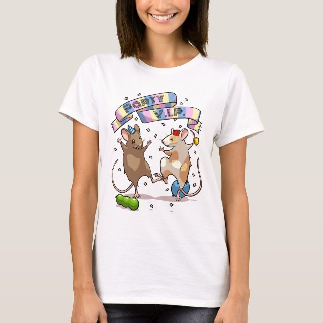 Dancing Mice Party V.I.P. Banner & Balloons Design T-Shirt (Front)