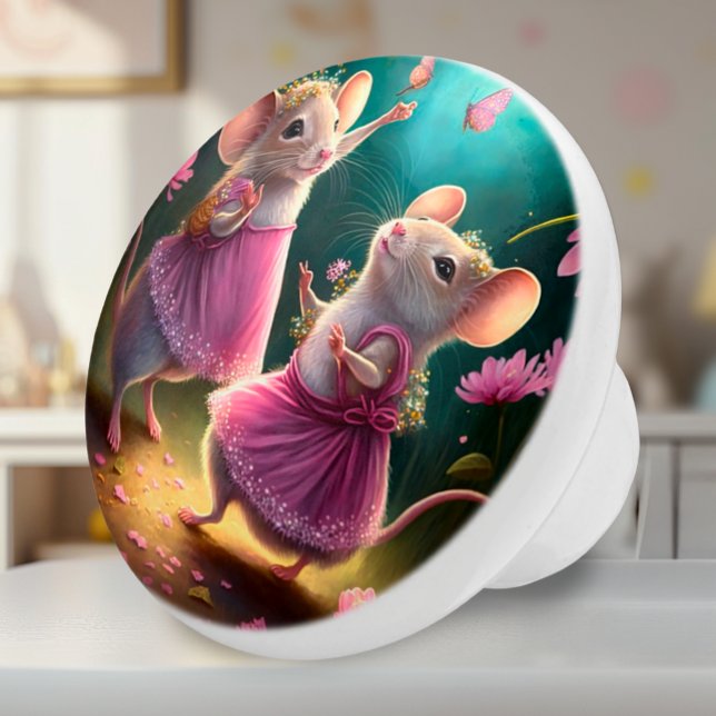 Dancing Mice - Personalised Fantasy Ceramic Knob (Ceramic Knob - Dancing Mice in Pink Dresses with Teal - Decor Accent for Girls Room or Nursery)