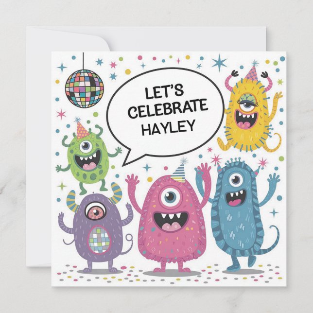 Dancing Monsters Party Kids Birthday Design Card (Front)