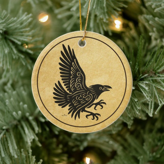 Dancing Norse Raven Ceramic Tree Decoration (Tree)