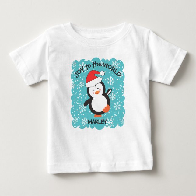 Dancing Penguin Joy Snowflakes Christmas Baby T-Shirt (Front)