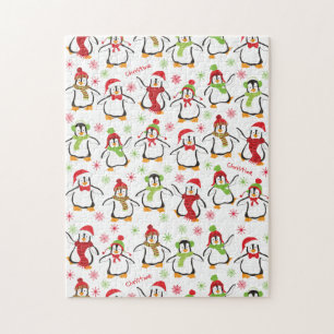 Dancing Penguins Red and Green Pattern Christmas Jigsaw Puzzle