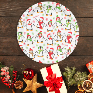 Dancing Penguins Red and Green Pattern Christmas Paper Plate