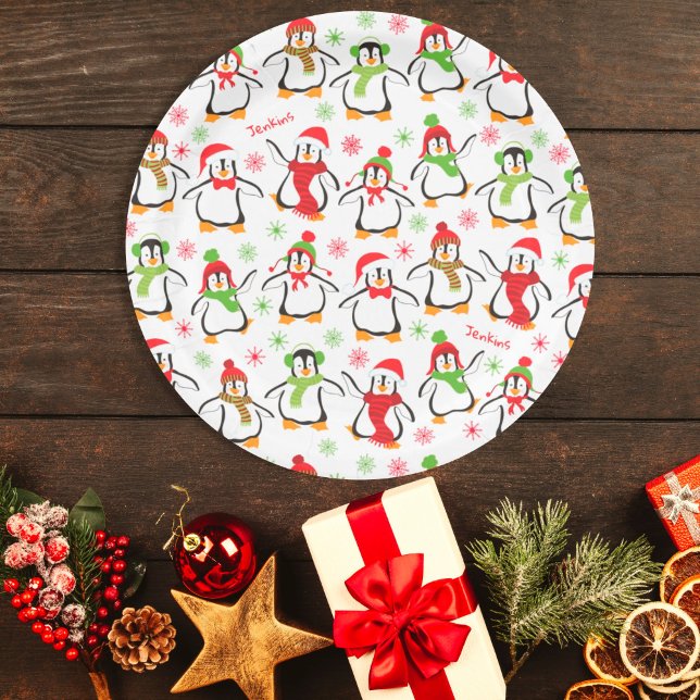 Dancing Penguins Red and Green Pattern Christmas Paper Plate (Creator Uploaded)