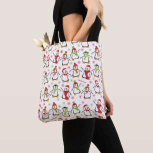 Dancing Penguins Red and Green Pattern Christmas Tote Bag