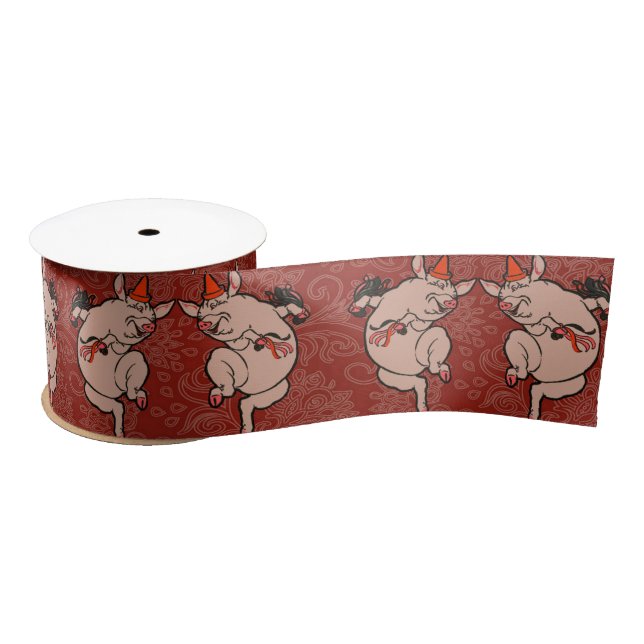 Dancing Pig Antique Cute Dancer Satin Ribbon (Spool)