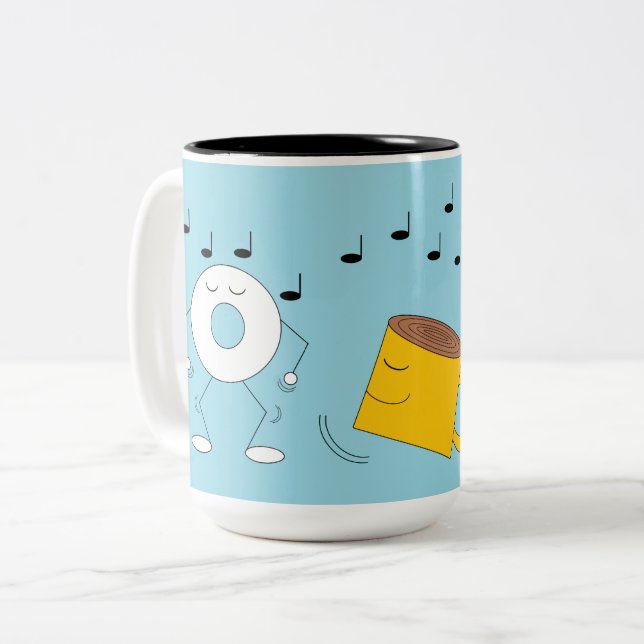 Dancing Powdered Doughnut & Coffee Mug: Two-Tone Coffee Mug (Front Left)