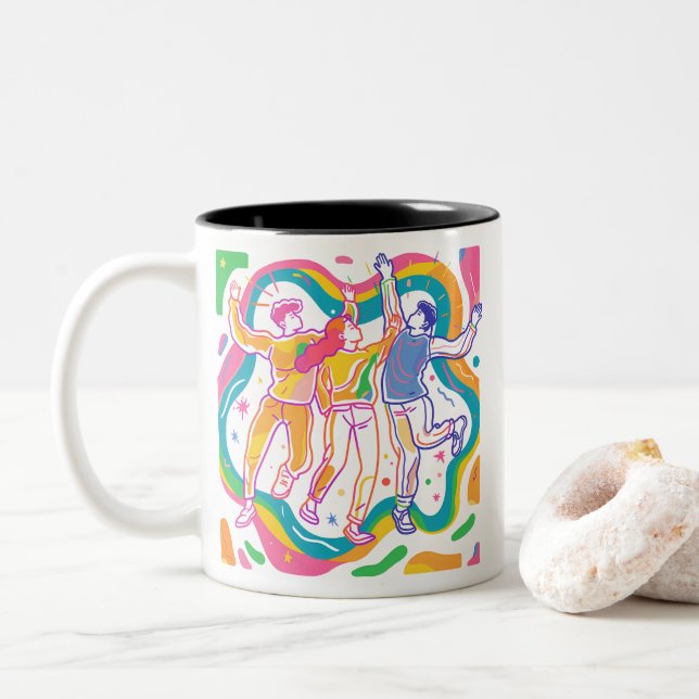 Dancing Pride Rainbow Art | Colourful LGBTQ+ Two-Tone Coffee Mug (With Donut)