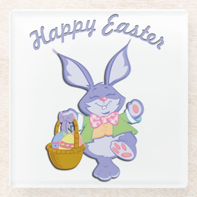 Dancing Purple Easter Bunny Glass Coaster (Front)