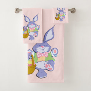 Dancing Purple Easter Bunny Pink Bath Towel Set