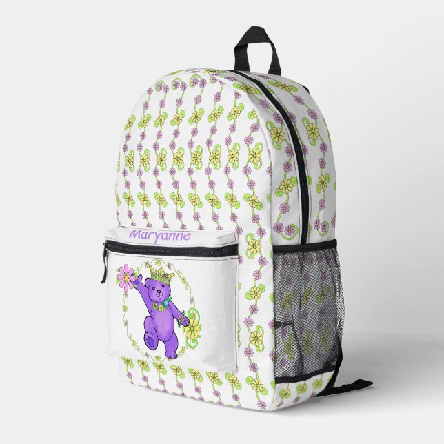 Dancing Purple Princess Teddy Bear Printed Backpack (Back Corner Right)