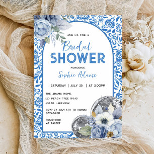 Dancing Queen Disco Ball Blue Tile Bridal Shower Invitation