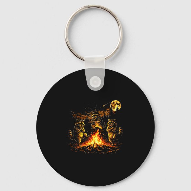 Dancing raccoons campfire forest moon funny key ring (Front)