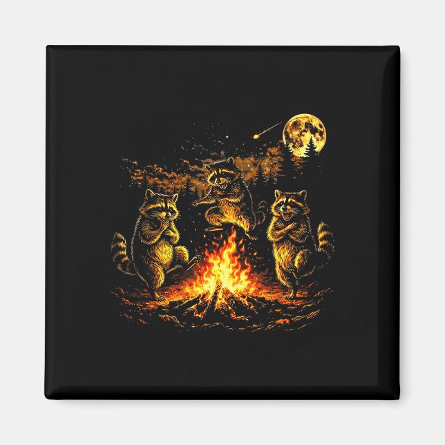 Dancing raccoons campfire forest moon funny magnet (Front)