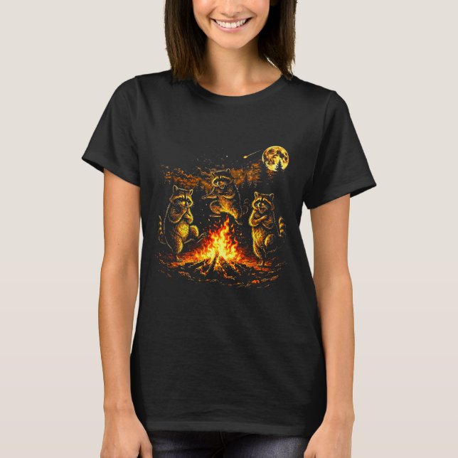 Dancing raccoons campfire forest moon funny T-Shirt (Front)