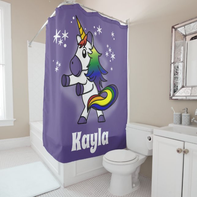 Dancing Rainbow Unicorn with Starry Purple Sky Shower Curtain (In Situ)