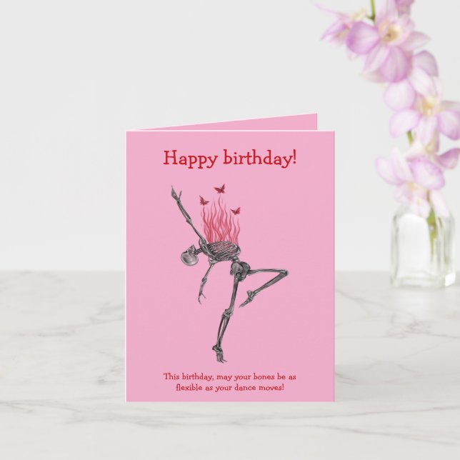 Dancing Red Flames Skeleton Funny Happy Birthday Card (Orchid)