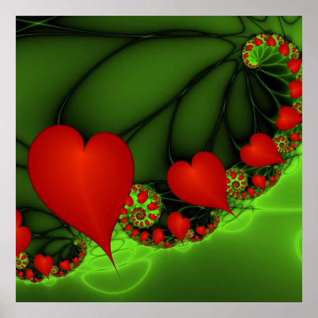Dancing Red Hearts Modern Abstract Fractal Art Poster (Front)