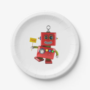 Dancing red toy robot with party sign paper plate