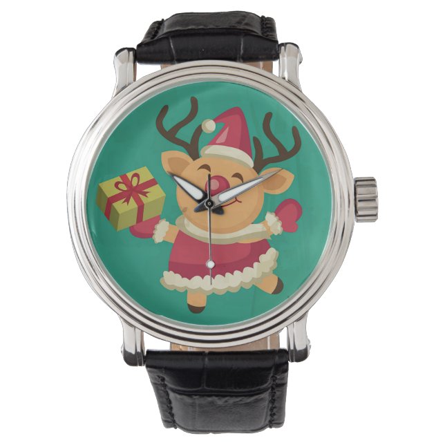 Dancing Reindeer Vintage Leather Strap Black Watch (Front)