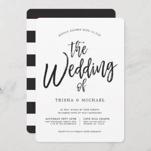 Dancing Script Black White Wedding Striped Back Invitation