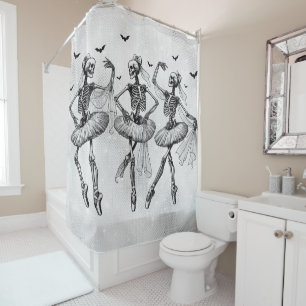 Dancing Skeleton Ballerina Halloween White Glitter Shower Curtain