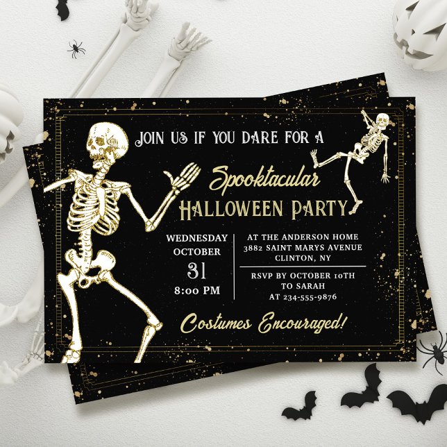 Dancing Skeleton Black Gold Halloween Party Invitation (Creator Uploaded)