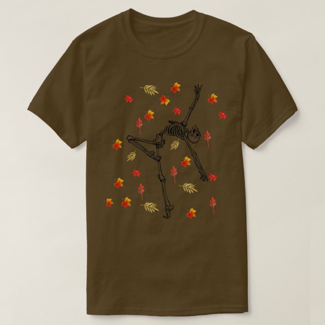 Dancing Skeleton in Fall Leaves Funny Cute Hallowe T-Shirt (Design Front)