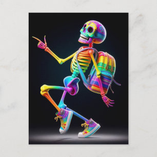 Dancing skeleton in rainbow colours postcard