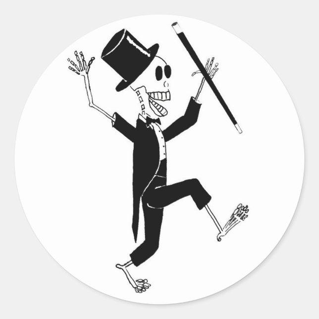 Dancing Skeleton in Tuxedo and Top Hat with Cane Classic Round Sticker (Front)