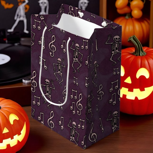 Dancing Skeleton Music Notes Halloween  Medium Gift Bag (Retro Halloween gift bag featuring playful dancing skeletons and spooky music notes on a deep purple)