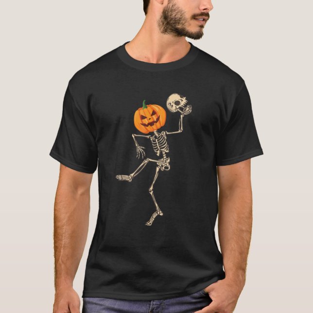 Dancing Skeleton Pumpkin Head Funny Halloween Cost T-Shirt (Front)